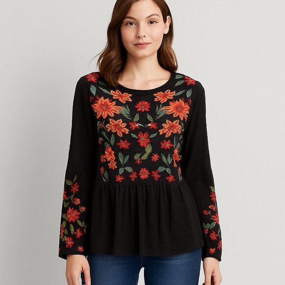 American Eagle Floral Embroidered Peplum Blouse Large Black Bell Sleeve Boho - Picture 1 of 16